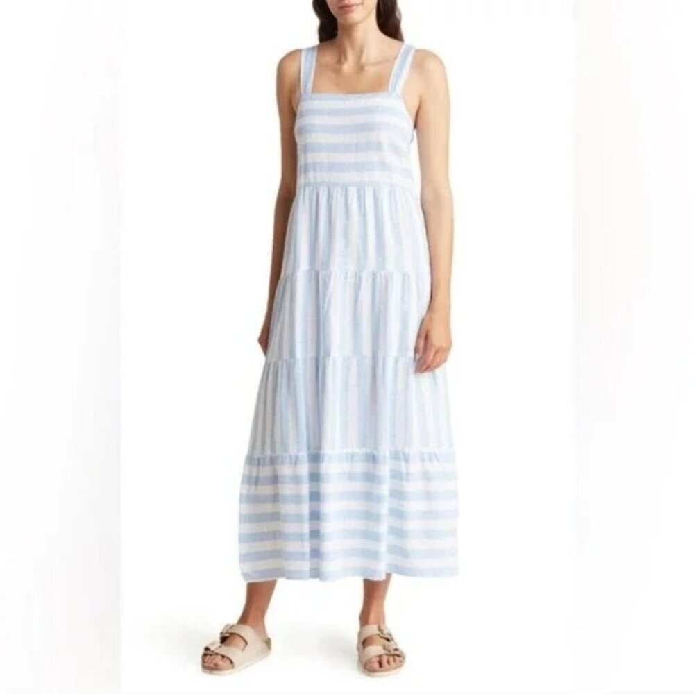 Casa Cabana Diane Womens Size S Dress Stripe‎ Tier Linen Blend Blue White NWT